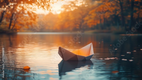 Schwimmendes Papierboot auf ruhigem See