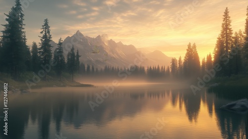 Ruhiger Bergsee mit Bäumen im Morgenlicht