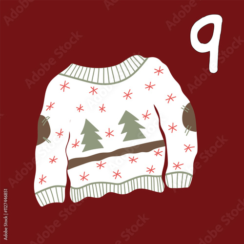 Advent is the Christmas calendar for December 9th. An illustration of an ugly Christmas sweater, white with a Christmas tree, snowflakes and patches on the elbows.