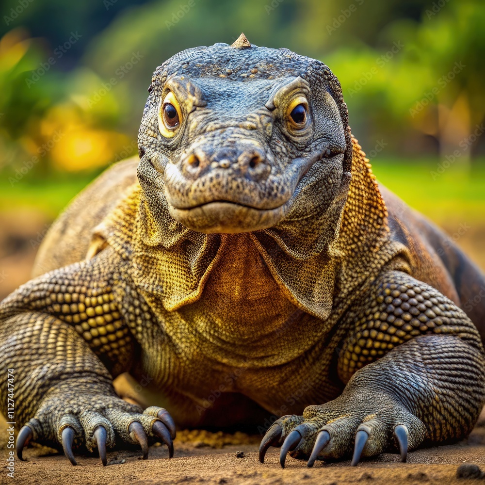 Komodo Dragon Poses on the Ground in Tropical Environment During Daylight. Generative AI Komodo Dragon Poses on the Ground in Tropical Environment During Daylight. Generative AI