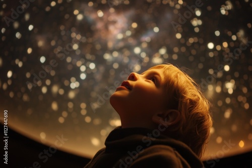 A child is enthralled by the sight of a star-filled planetarium ceiling.