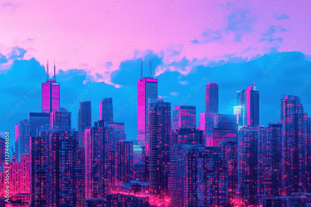 Fototapeta premium An electric blue and hot pink skyline of a futuristic city glowing vibrantly under the night sky.