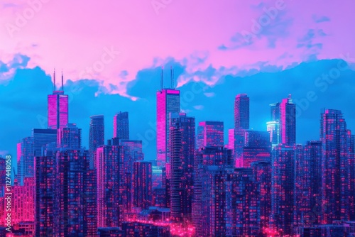 An electric blue and hot pink skyline of a futuristic city glowing vibrantly under the night sky. photo