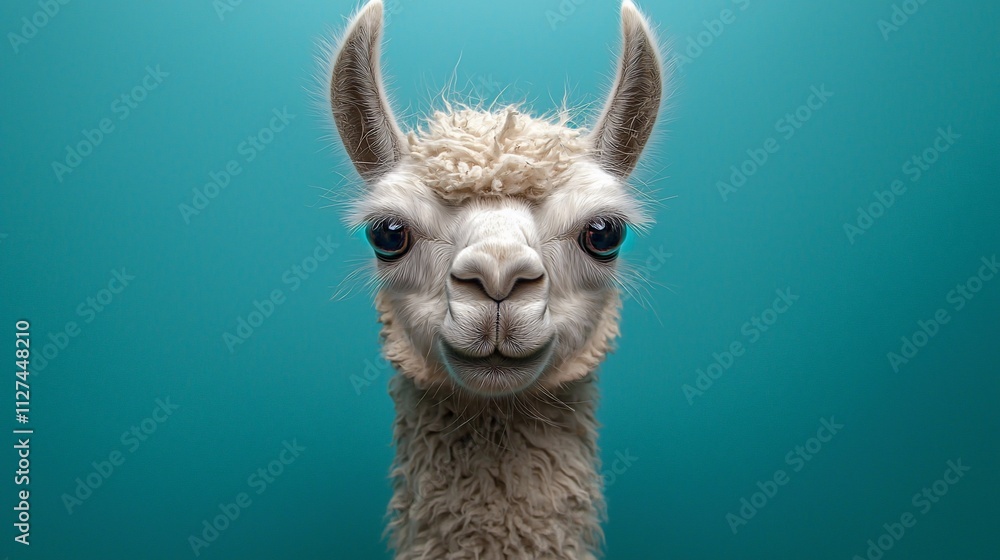 Obraz premium Close-up portrait of a smiling white llama against a teal background.