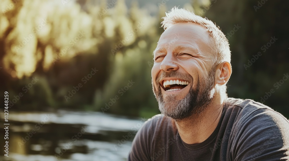 Joyful Outdoor Portrait of a Happy Middle-Aged Man by the River in Warm Sunlight Joyful Outdoor Portrait of a Happy Middle-Aged Man by the River in Warm Sunlight