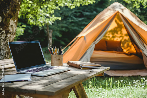 outdoor desktop business office beside camping tent on summer holiday4k image