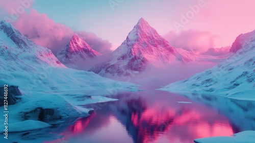 Pinkfarbener Wald am See mit Bergen