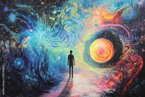 A man walking towards a cosmic portal, symbolizing discovery and infinite possibilities. photo