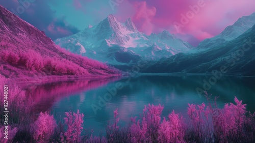 Rosa Landschaft mit Bergsee und Spiegelungen