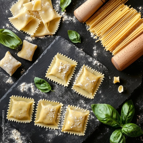 Penne, fusilli pasta w/ fresh basil & cheese on slate.