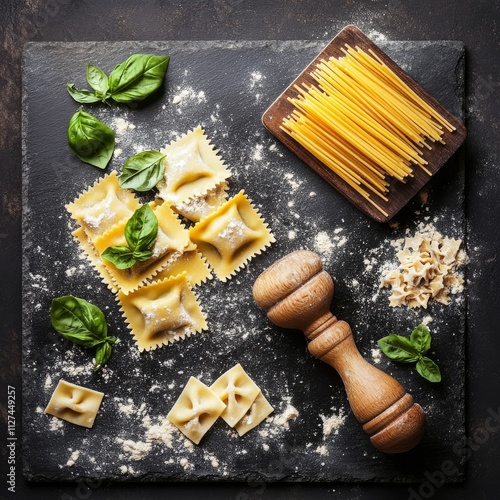 Homemade ravioli w/ basil, cheese & roller on slate.