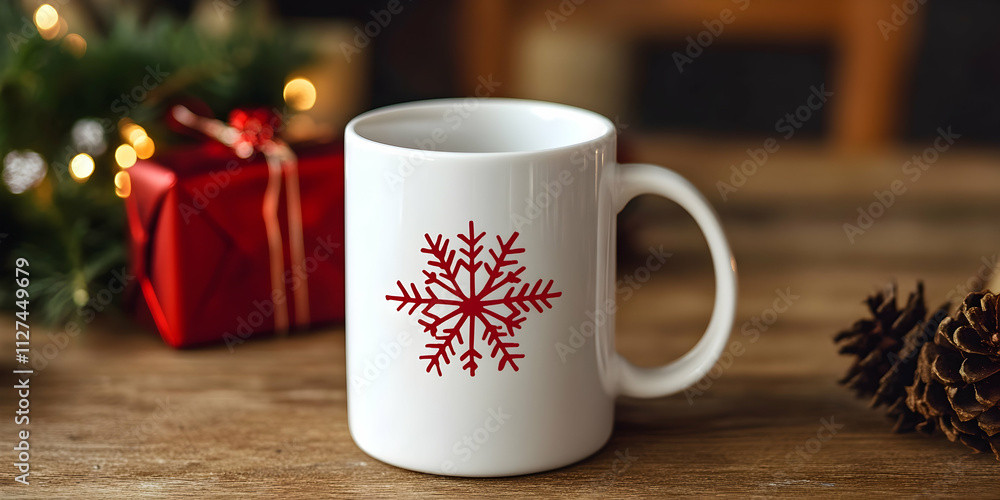 A minimalist white ceramic mug adorned with a red snowflake design, perfect for the holidays A minimalist white ceramic mug adorned with a red snowflake design, perfect for the holidays