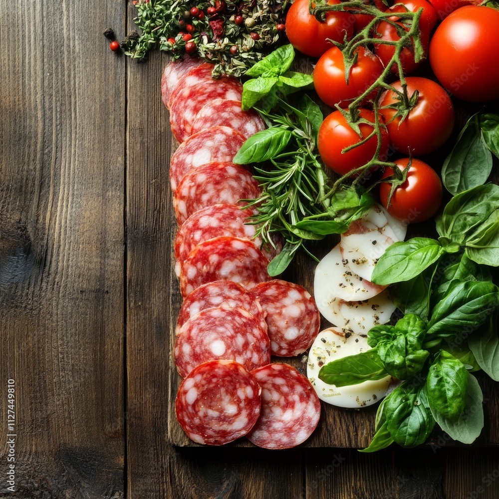 Spiced salami, wooden background.