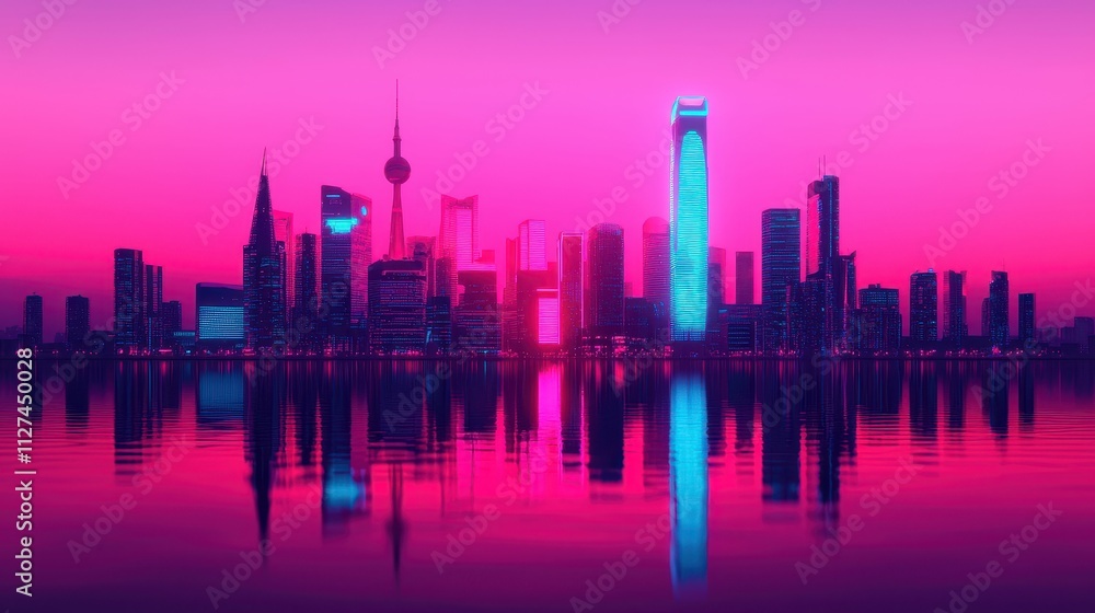 A vibrant city skyline at dusk, featuring illuminated buildings reflected in water, with a stunning pink and blue gradient sky. A vibrant city skyline at dusk, featuring illuminated buildings reflected in water, with a stunning pink and blue gradient sky.
