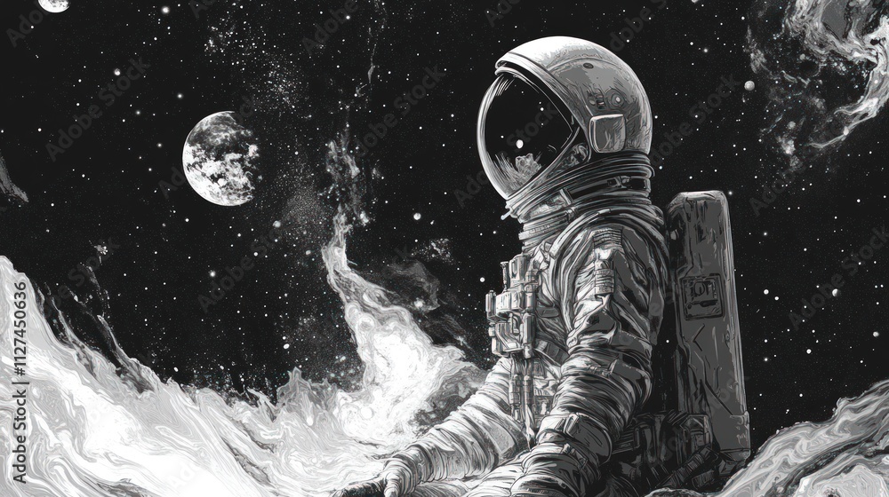 Fototapeta premium Astronaut contemplates cosmos, swirling nebulae.