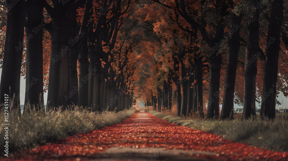 Fototapeta premium A quiet autumn path covered in a carpet of red and orange leaves