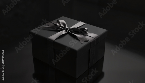Black gift box with satin bow on dark background