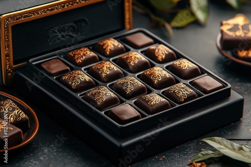 Decadent gourmet chocolates display elegant setting food photography luxurious environment close-up view indulgent treats