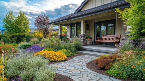 Wallpaper Mural A peaceful suburban Craftsman house with a front porch swing, stone path, and a tranquil garden filled with colorful flowers and shrubs Torontodigital.ca