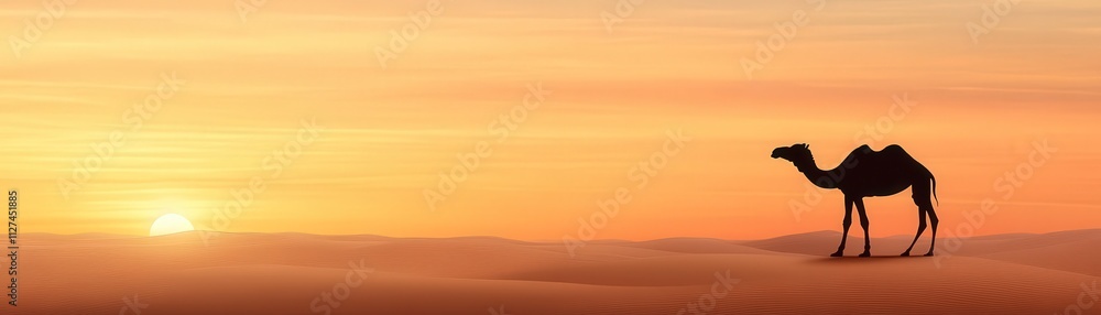 Fototapeta premium Camel silhouette against dazzling sunset desert landscape photography serene environment wide view