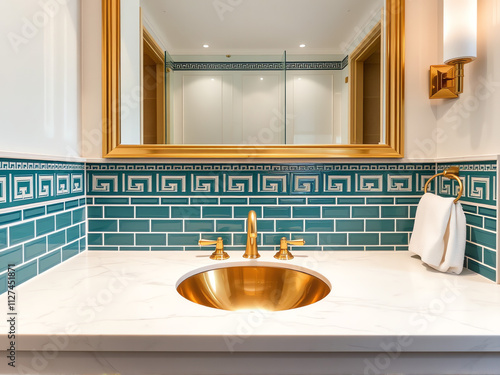 A luxurious bathroom featuring a gold sink complemented by elegant blue tile accents. photo