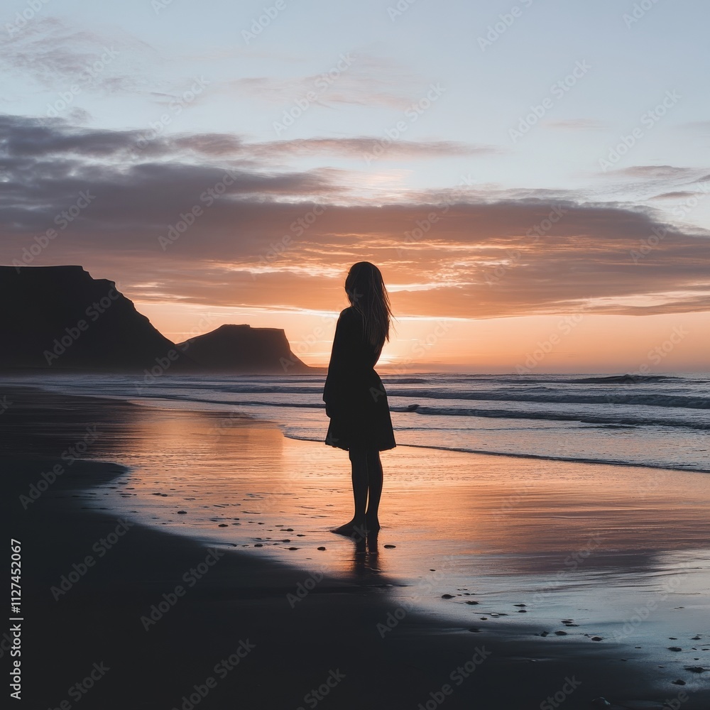 Woman's silhouette on Icelandic beach Woman's silhouette on Icelandic beach