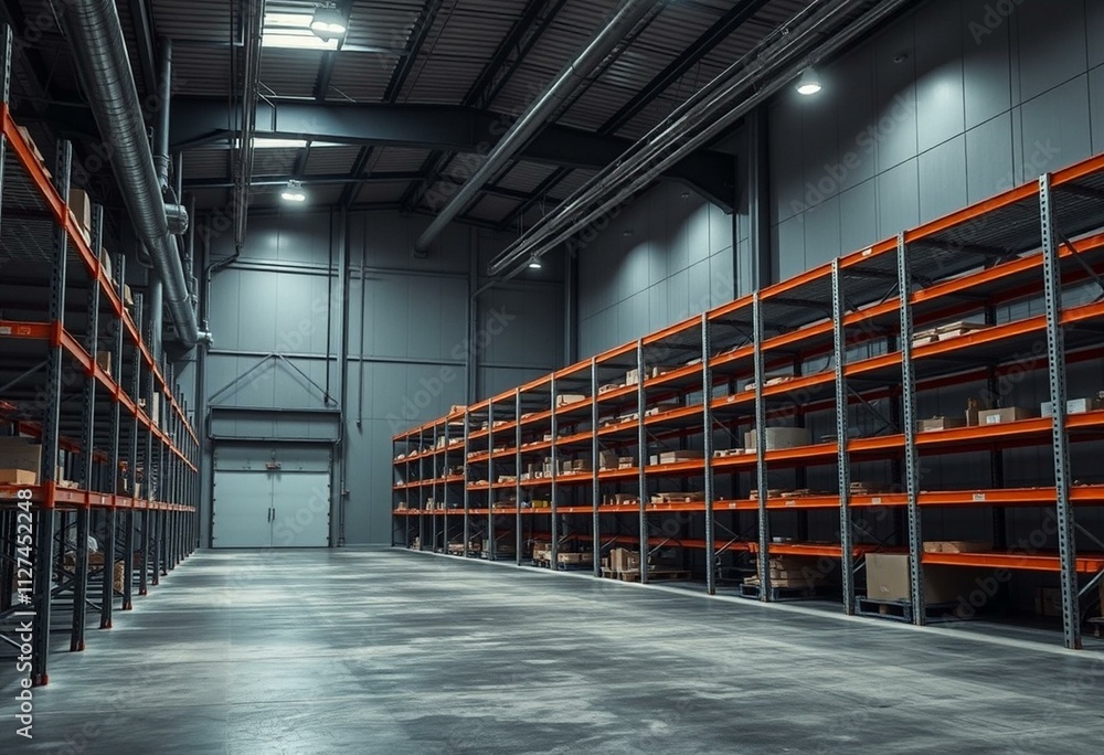 Fototapeta premium Industrial warehouse interior with metal shelving and exposed pipes