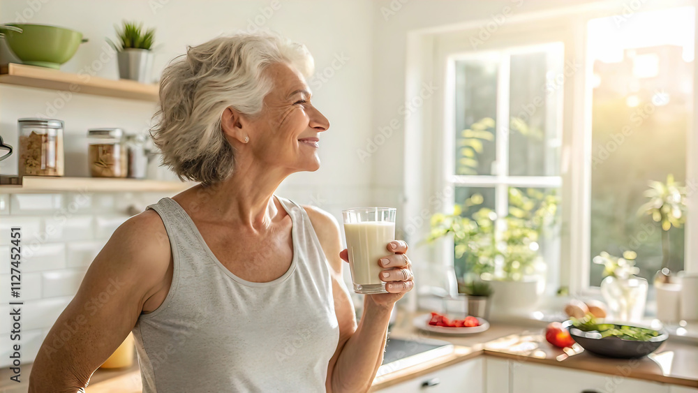 stylish middle aged woman holding glass of milk in hand in morning, woman has slim figure, on blurred light background
stylish middle aged woman holding glass of milk in hand in morning, woman has slim figure, on blurred light background