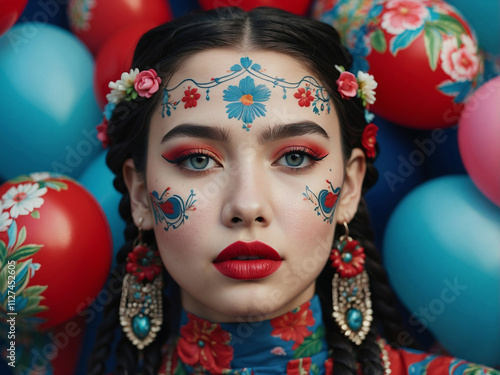 Vibrant Portrait with Floral Face Paint and Balloons