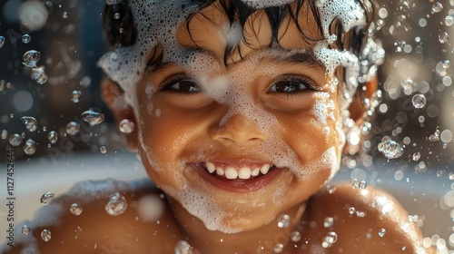 Happy child playing in bubble bath, smiling face, water droplets.