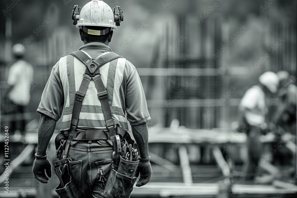 A construction worker stands with his back to the viewer, wearing a safety helmet and vest, monitoring active construction activities in a bustling worksite during the day. A construction worker stands with his back to the viewer, wearing a safety helmet and vest, monitoring active construction activities in a bustling worksite during the day.