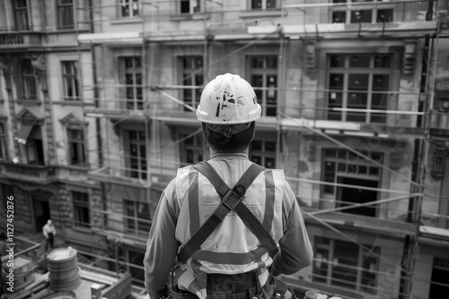 A construction worker stands in safety gear, gazing at a historic building under restoration. Scaffolding surrounds the site, with fellow workers visible in the background.