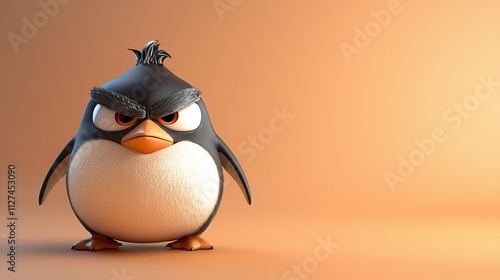 Angry cartoon penguin on orange background.