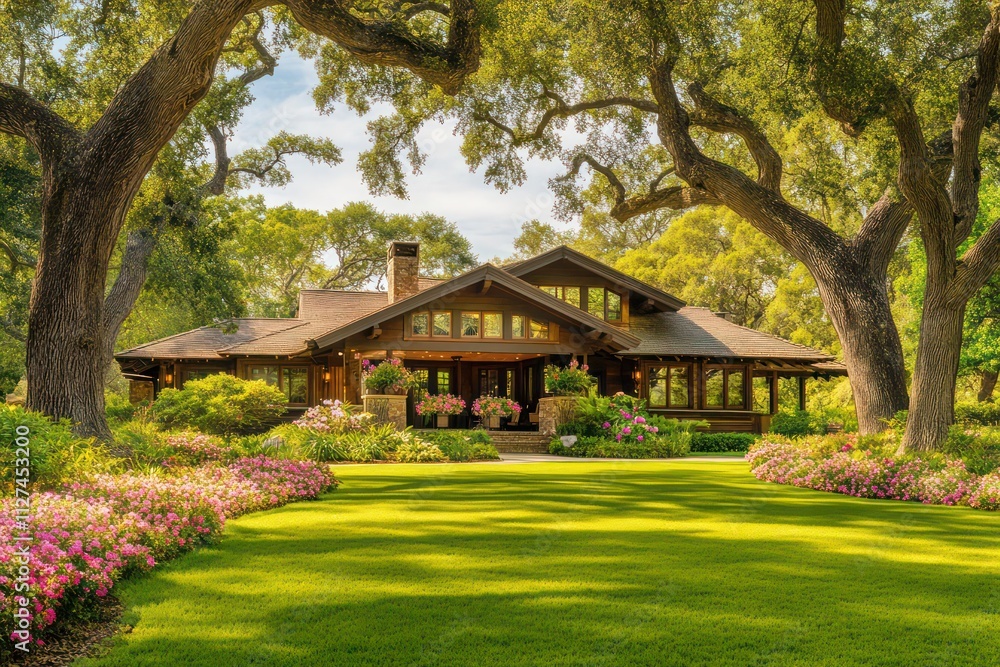 A rustic Craftsman-style home surrounded by large oak trees, blooming flowers, and a perfectly manicured front lawn A rustic Craftsman-style home surrounded by large oak trees, blooming flowers, and a perfectly manicured front lawn