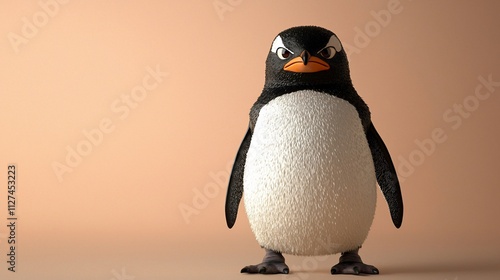 Angry cartoon penguin standing on light brown background.
