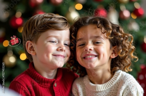 Two young children pose happily in front of a Christmas tree adorned with ornaments and lights, radiating joy and excitement during the festive season.