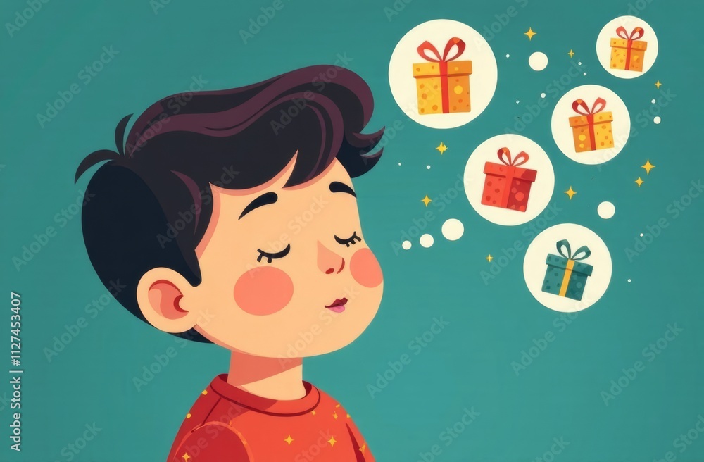 A young boy sits with closed eyes, happily imagining colorful wrapped gifts floating around him. The background is a calming blue-green, evoking a sense of joy and anticipation for celebrations. A young boy sits with closed eyes, happily imagining colorful wrapped gifts floating around him. The background is a calming blue-green, evoking a sense of joy and anticipation for celebrations.