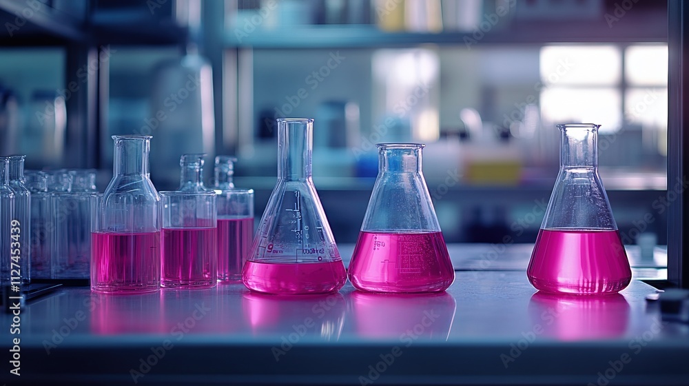 Chemistry lab setup with beakers and flasks containing various liquids 