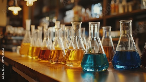 Chemistry lab setup with beakers and flasks containing various liquids 