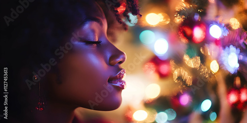 Close-up of a Christmas tree adorned with glowing lights, capturing the holiday spirit