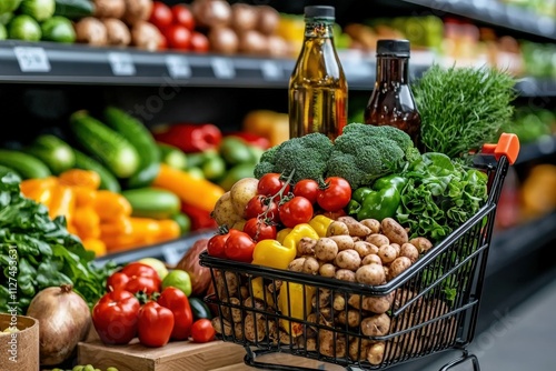 Vibrant shopping cart filled with fresh produce grocery store closeup image bright environment captivating viewpoint for healthy eating photo