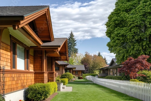 A side view of a Craftsman home showcasing its intricate woodwork and deep roof overhangs, with a well-kept lawn and a white picket fence photo