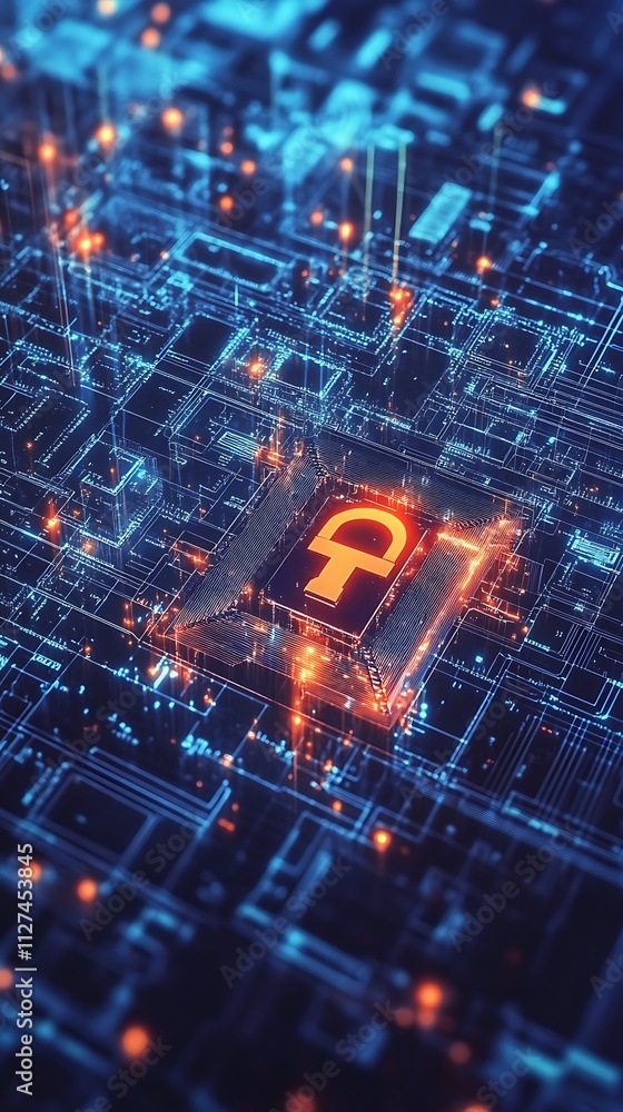 Obraz premium Digital representation of cybersecurity with a glowing lock symbol amidst a circuit-like background.