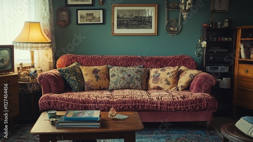 Cozy vintage living room with retro sofa and eclectic decor elements photo