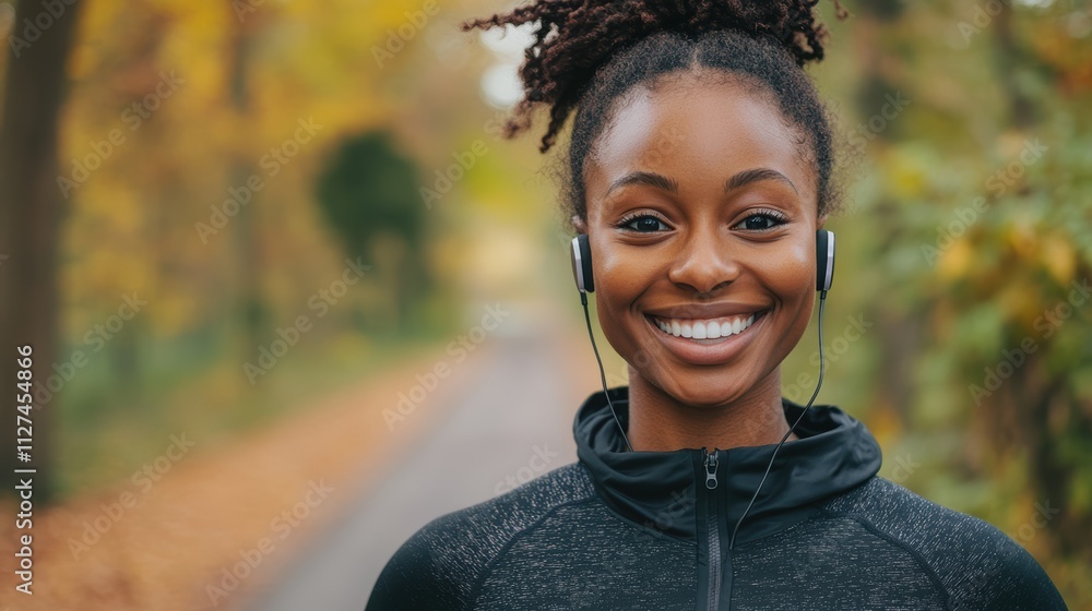 Smiling woman jogging in autumn park with earbuds for fitness inspiration Smiling woman jogging in autumn park with earbuds for fitness inspiration
