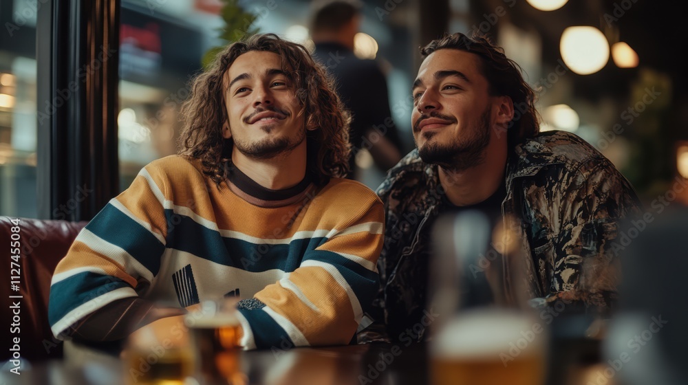 Obraz premium Two friends enjoying a relaxed evening at a cozy cafe