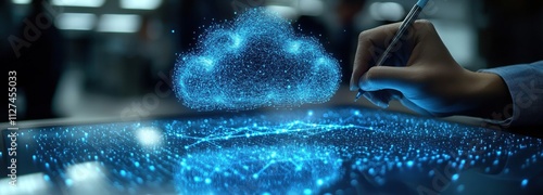 Digital illustration of a cloud technology icon being drawn symbolizing connectivity and innovation photo