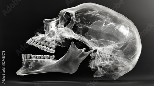 Transparent skull x-ray art on black background showcasing bone structure