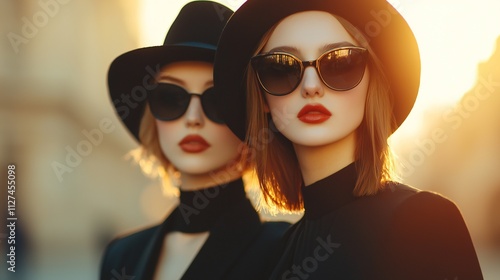 Stylish Women in Black Hats Sunglasses at Sunset