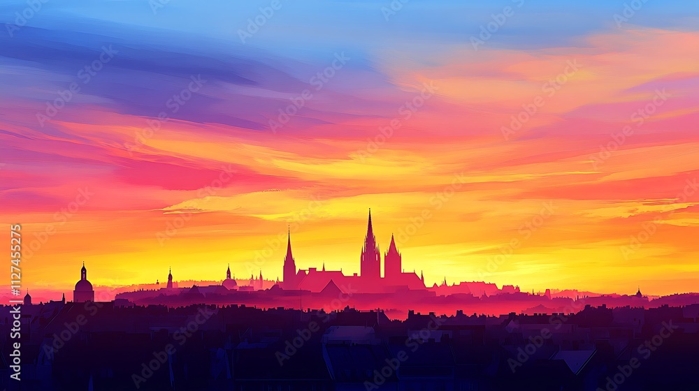 Naklejka premium Vibrant sunset over a city skyline with colorful clouds and church spires.